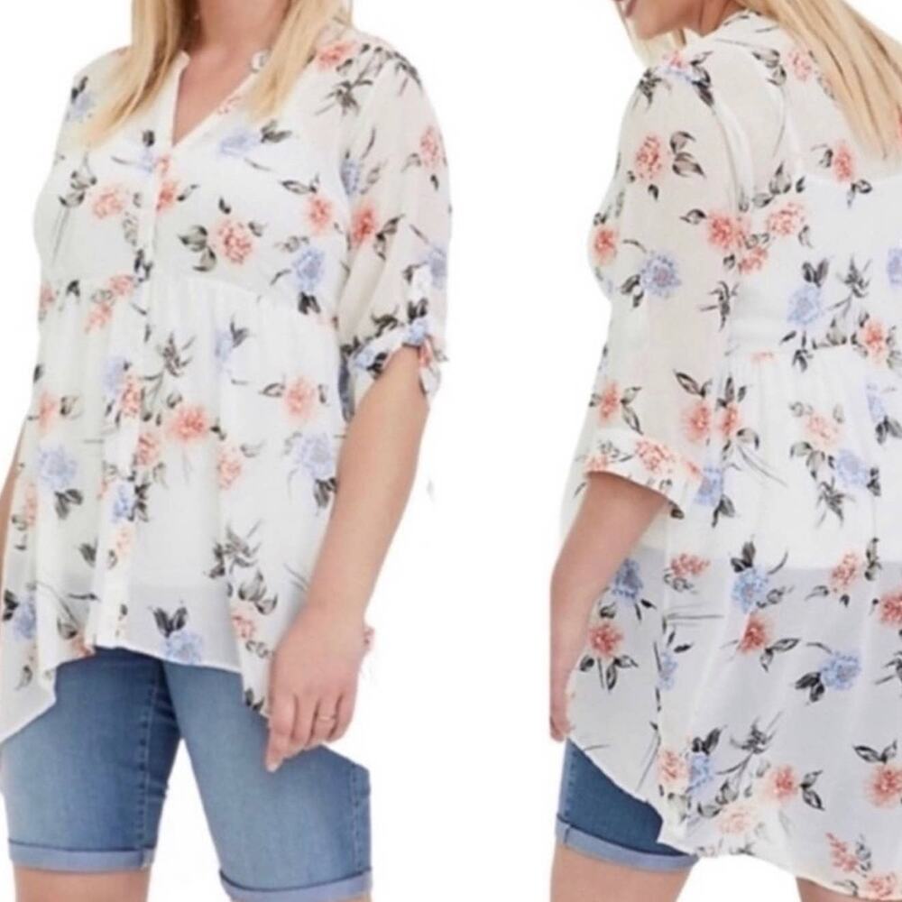 TORRID White Floral Chiffon Hi-Low Babydoll Tunic Top Size 2 18/20 2X Boho
